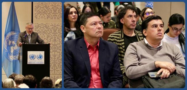 Collage: director uspec en evento y procurador presentando conferencia