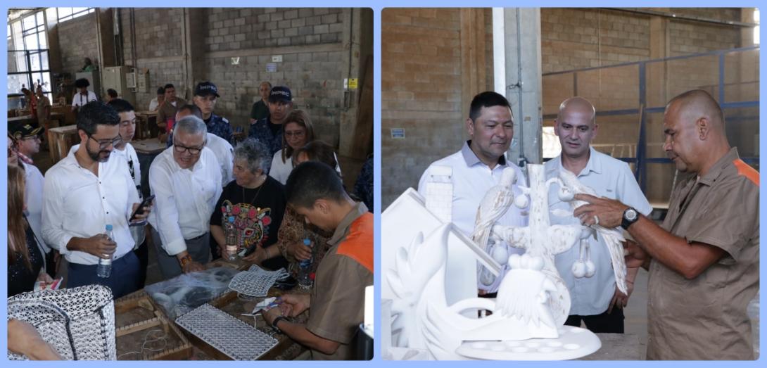Collage: ministro de justicia y director uspec en diálogo con ppl en talleres de resocialización