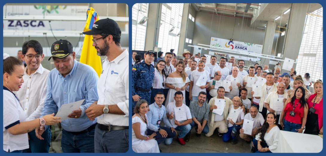Collage: Director USPEC y PPL, grupo de PPL con diploma por actividades Zasca