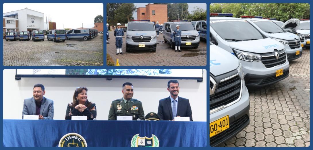 Collage: camionetas INPEC y ceremonia de entrega